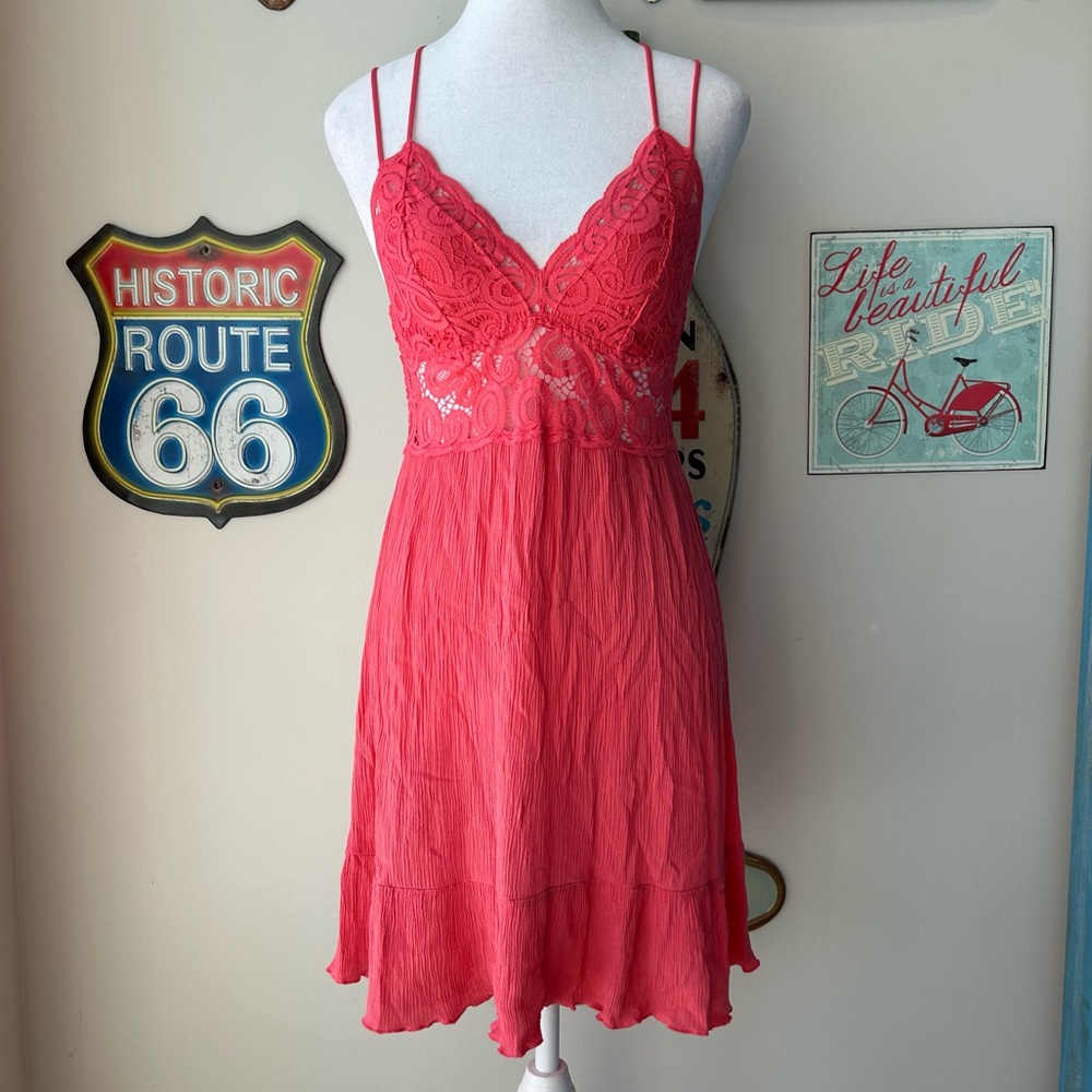 PINK VS Coral Pink Crochet Lace Ruffle Mini Dress Boho Chic Flirty Romantic
